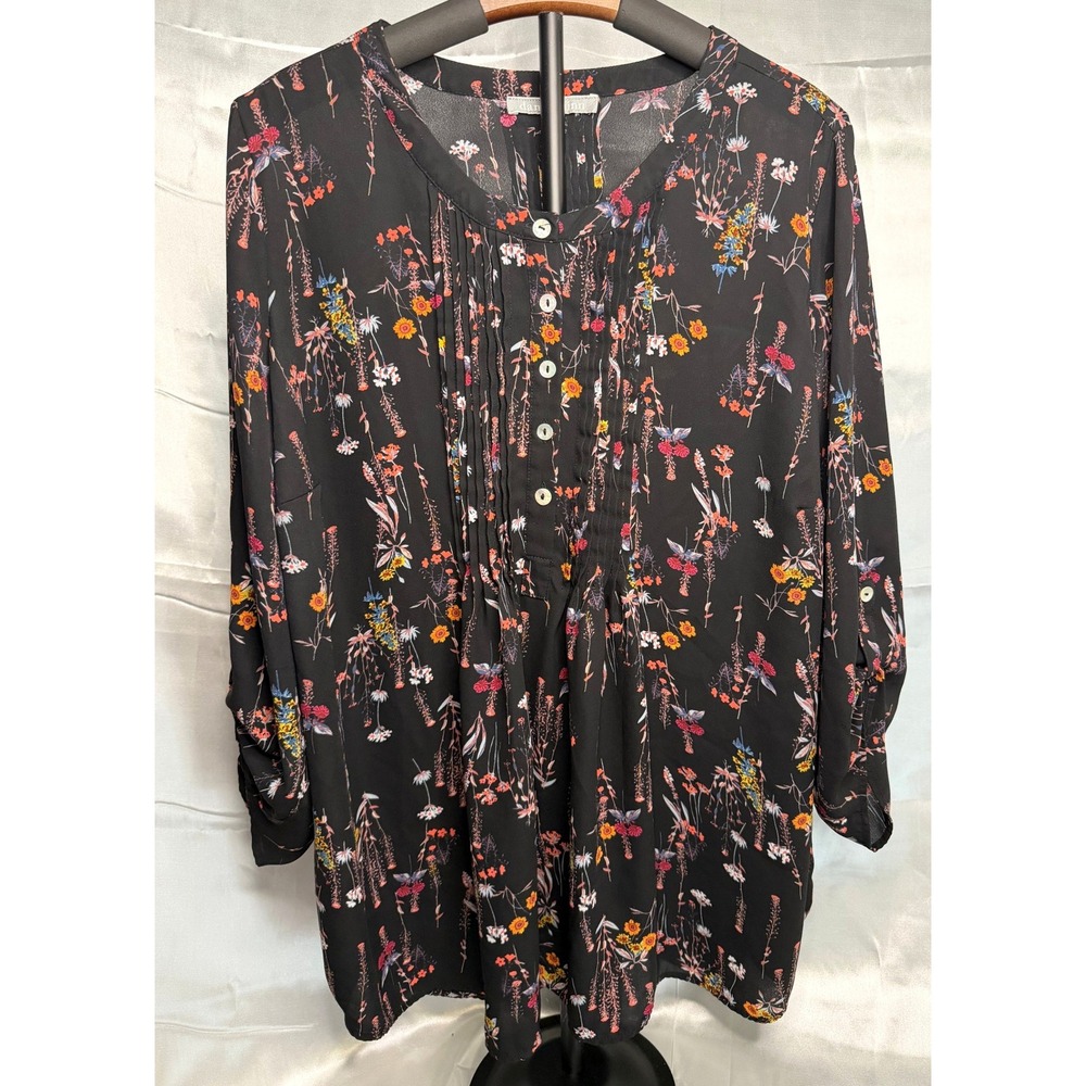 Daniel Rainn Womens 1X‎ Black Floral Pintuck Pleated Roll Tab Chiffon Blouse Top